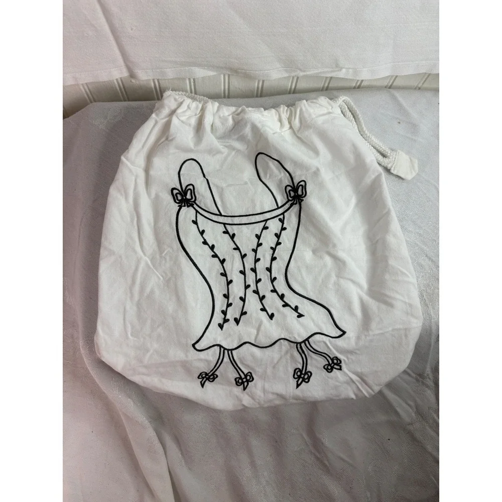 Miaou White Cotton Drawstring Dust Bag Black Embroidered Corset Graphic Pouch